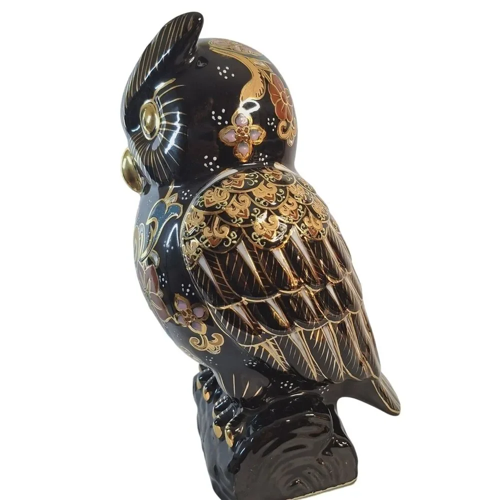 Japanese Kutani Owl Porcelain Figurine Mori Gold Painted Fukuro Lucky Owl Vintag